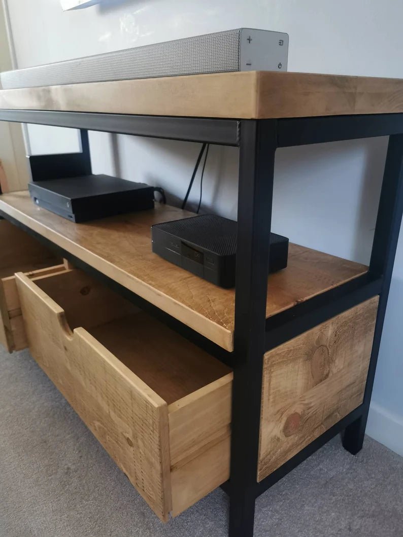 handmade Rustic Industrial TV and media stand - The Grain Company Ltd
