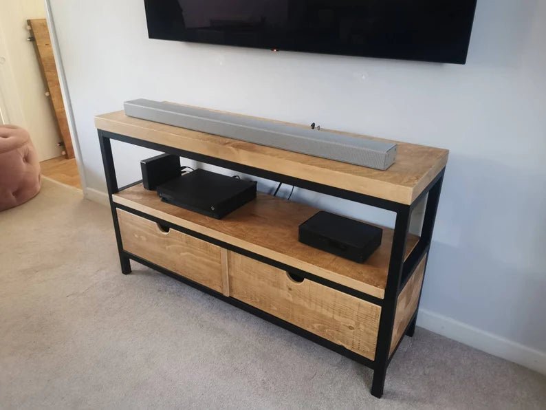 handmade Rustic Industrial TV and media stand - The Grain Company Ltd