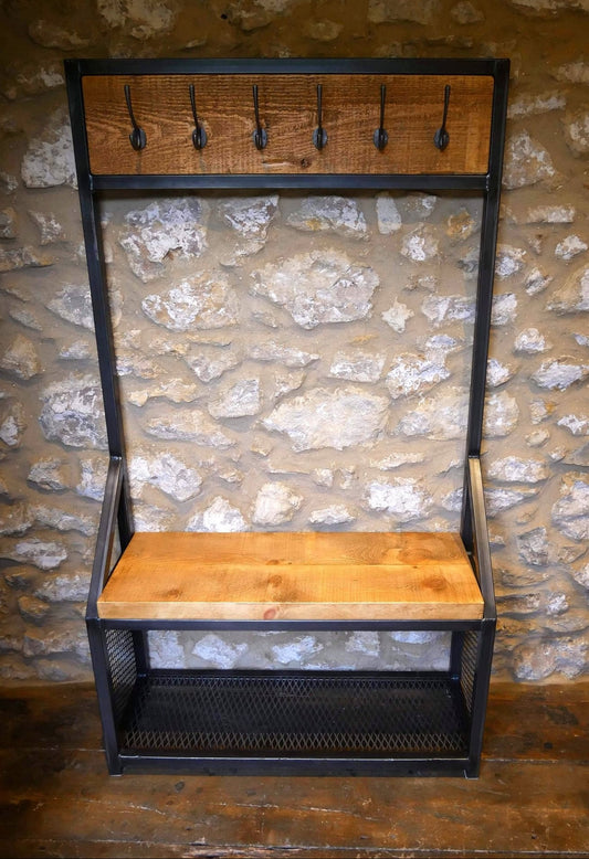 Rustic coat and shoe rack with seat - The Grain Company Ltd