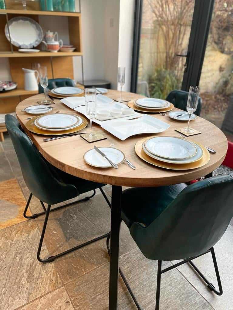 Solid Oak extending round rustic dining table - The Grain Company Ltd