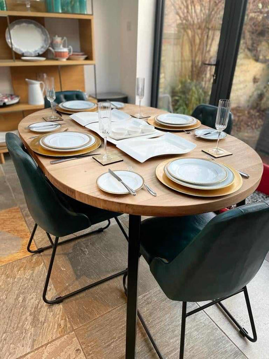 Solid Oak extending round rustic dining table - The Grain Company Ltd