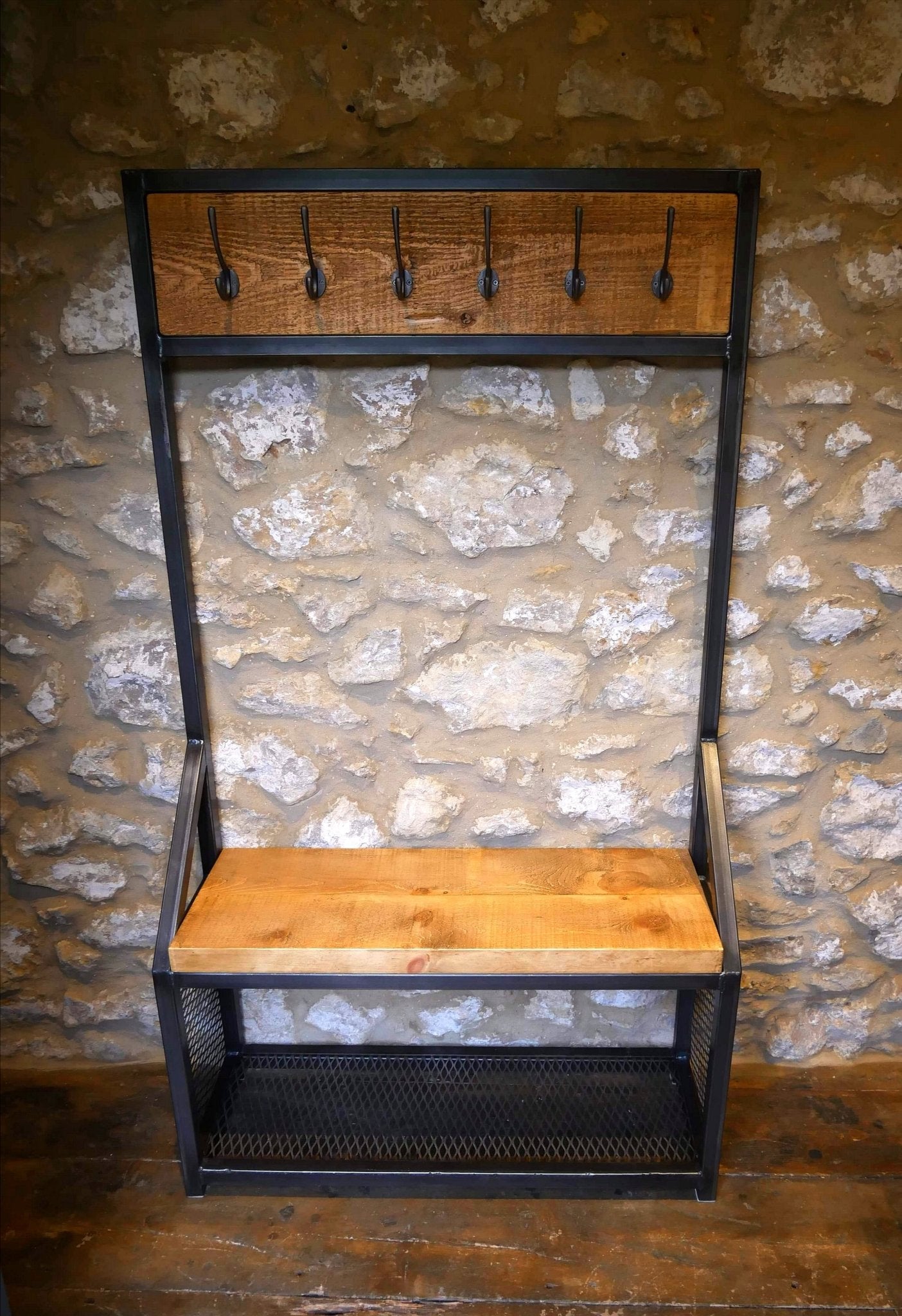 Rustic coat and shoe rack with seat - The Grain Company Ltd